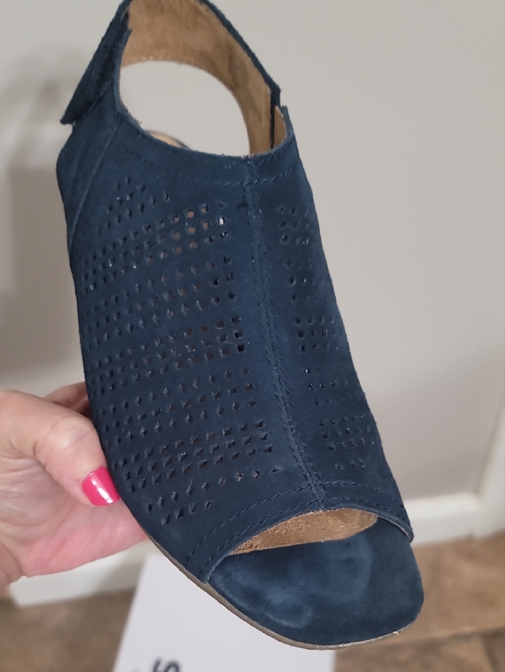 SONOMA Navy Perforated Suede Peep-Toe Block Heel Sandals - Picture 5 of 7